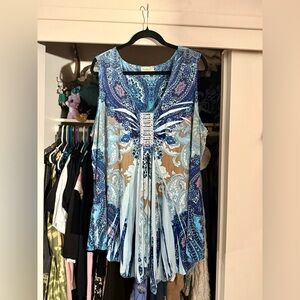 ONE WORLD Blue and Brown Sleeveless Blouse